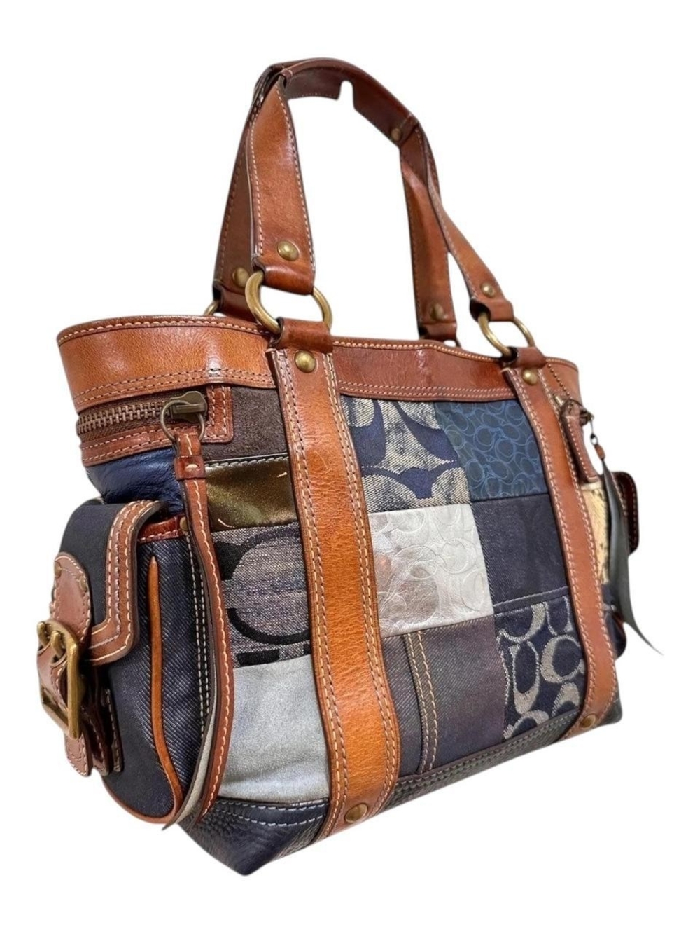 Coach Patchwork Signature Canvas Shoulder Bag in Brown, Blue, Cream